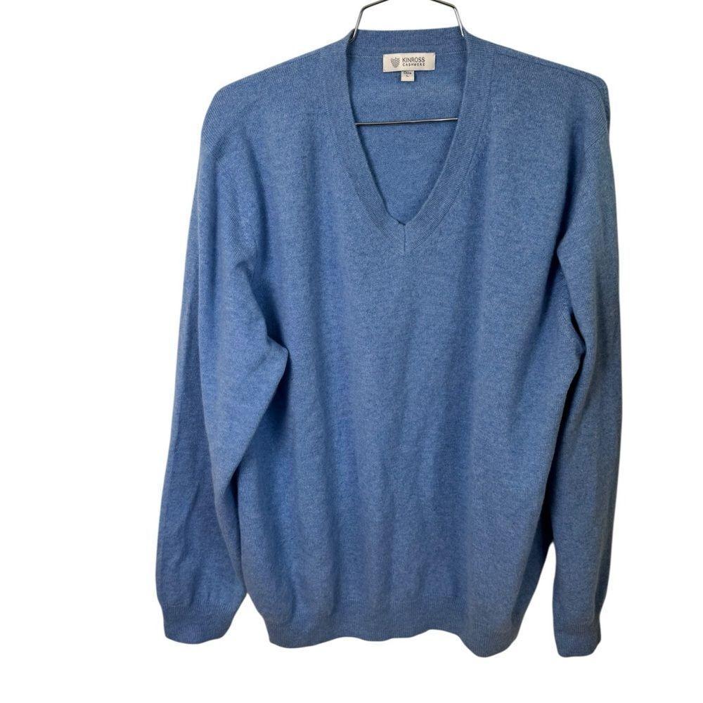 Kinross Cashmere Sky Blue V-Neck 100% Cashmere Sweater Mens Large